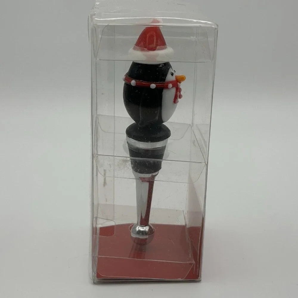 Pier 1 Imports Art Glass Penguin Wine Bottle Stopper Christmas Holiday Santa Hat
